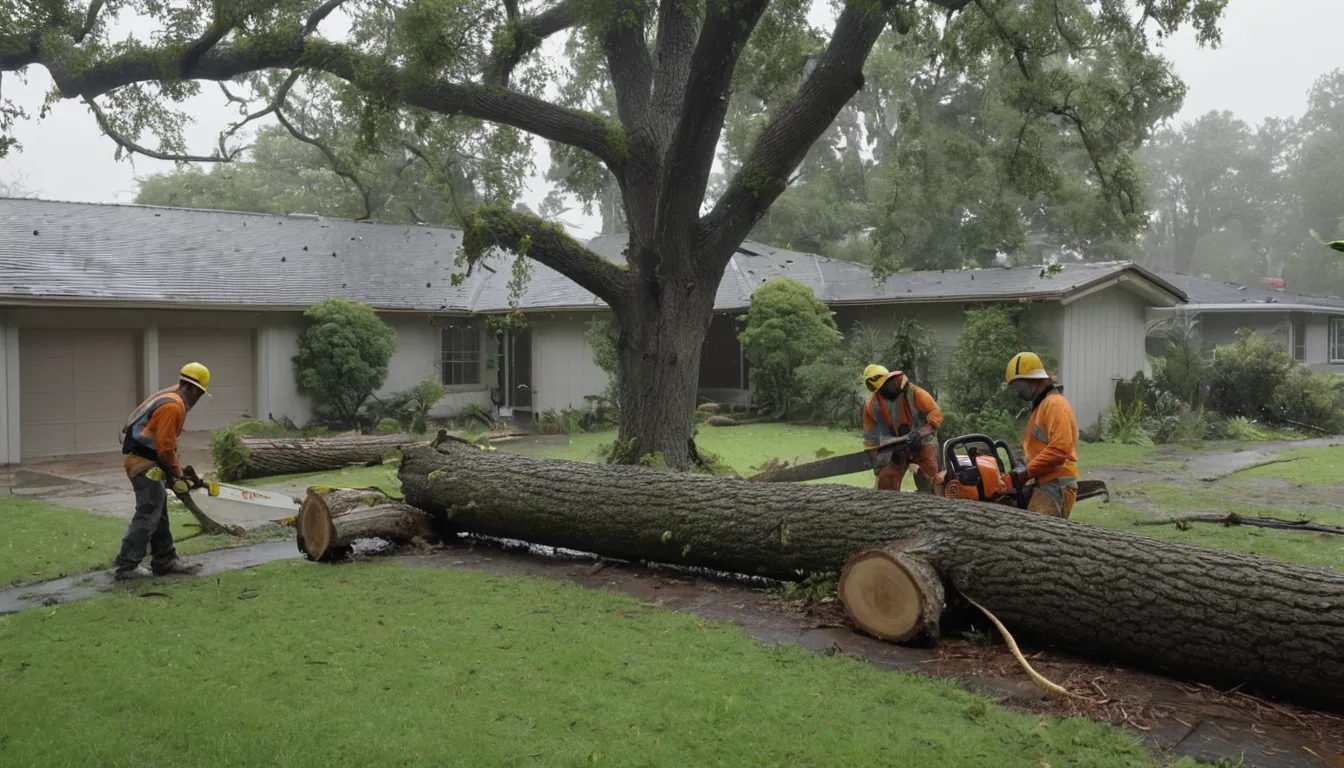 Local tree provider clearing a storm-fallen tree from a backyard fence in Rancho Cucamonga