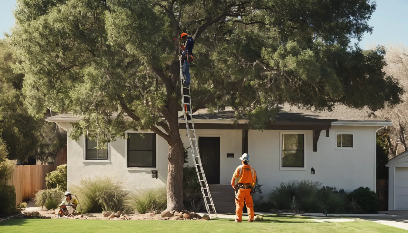 A leaning mature tree beside a stucco ranch home in Rancho Cucamonga before planned removal