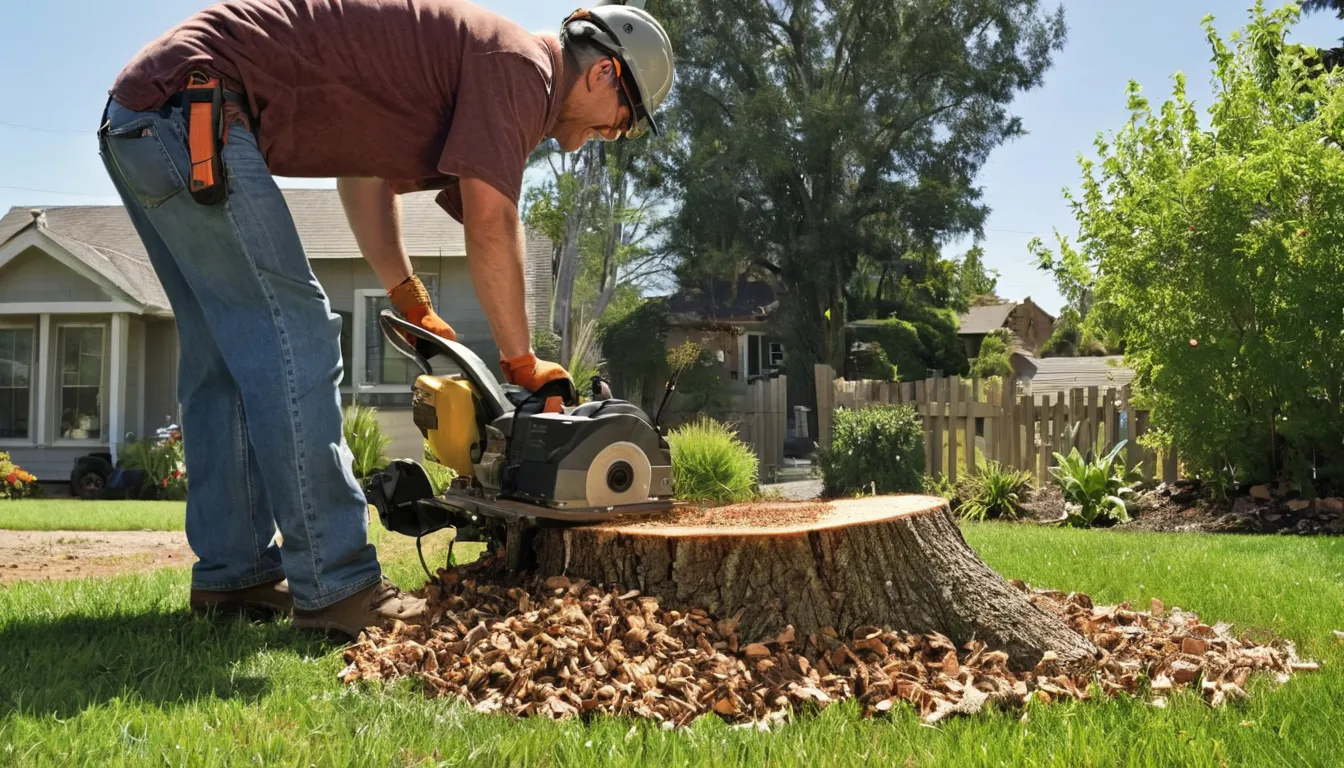 A provider grinding an old stump in a sunny backyard in the Rancho Cucamonga area
